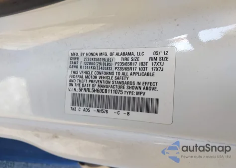 2012 Honda Odyssey Ex-L из США, поврежденный, VIN 5FNRL5H60CB111075